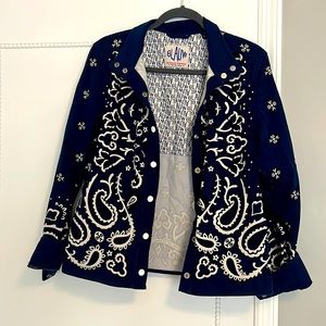blaum denim jacket, black, white, and blue paisley design